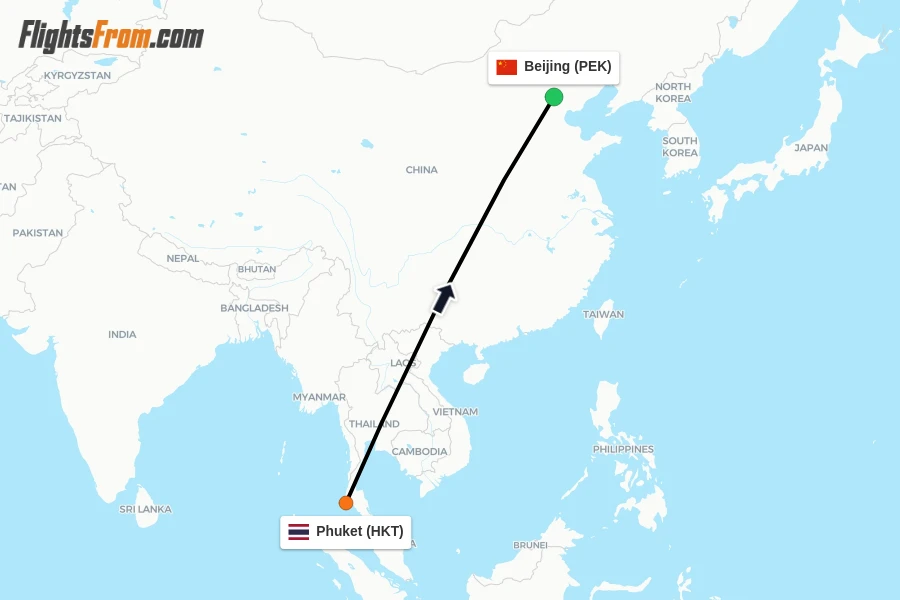 Flights from Phuket to Beijing route map
