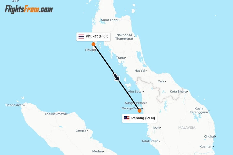 Flights from Phuket to Penang route map