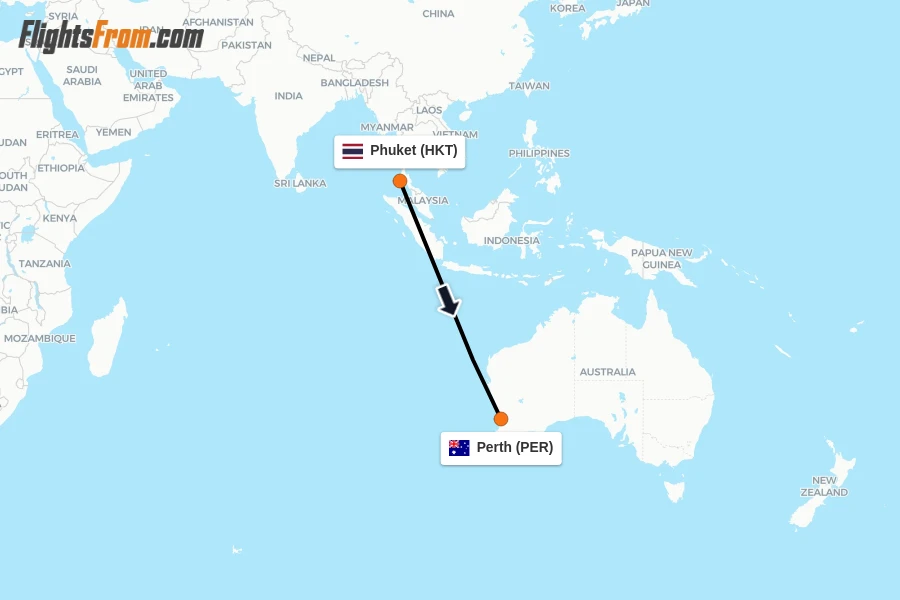 Flights from Phuket to Perth route map