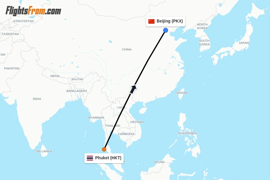 Flights from Phuket to Beijing route map