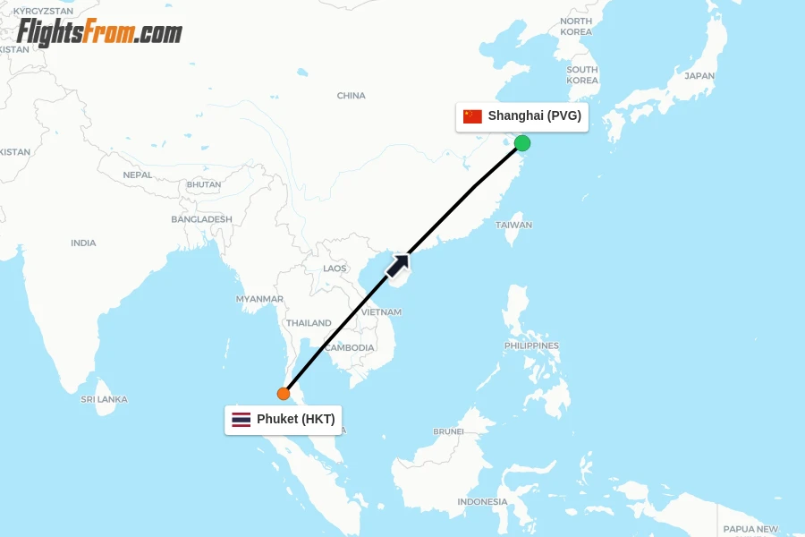 Flights from Phuket to Shanghai route map