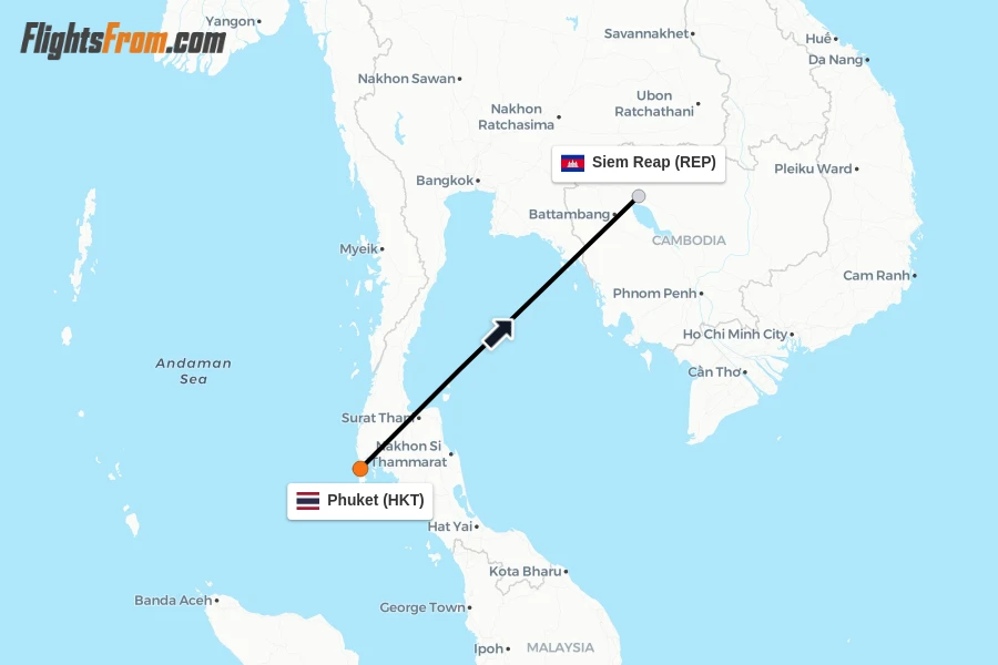 Flights from Phuket to Siem Reap route map