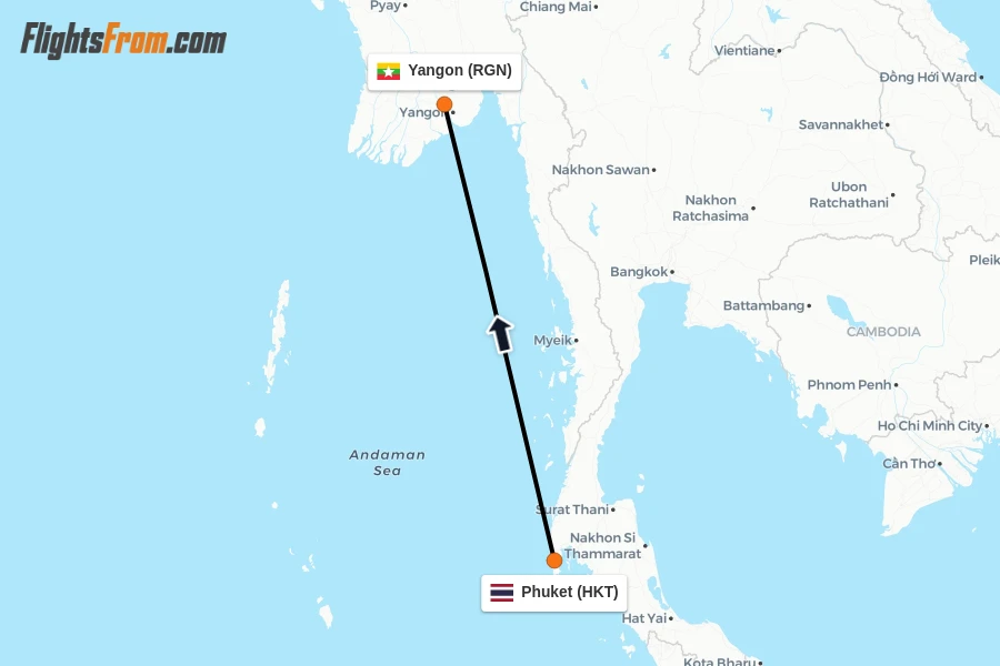 Flights from Phuket to Yangon route map