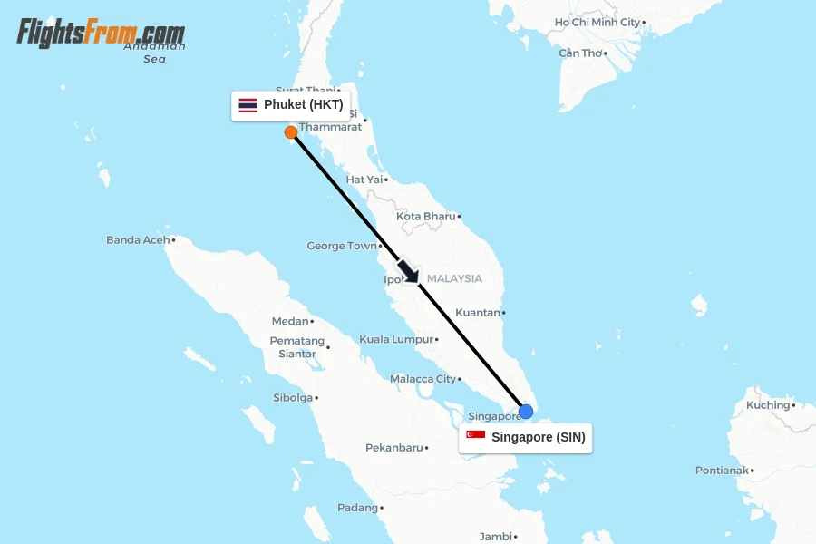 Flights from Phuket to Singapore route map