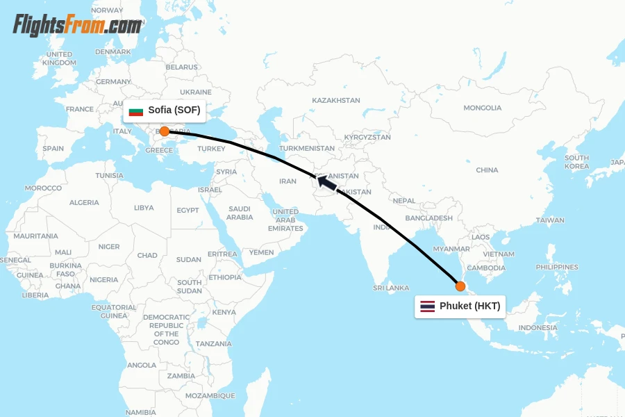 Flights from Phuket to Sofia route map