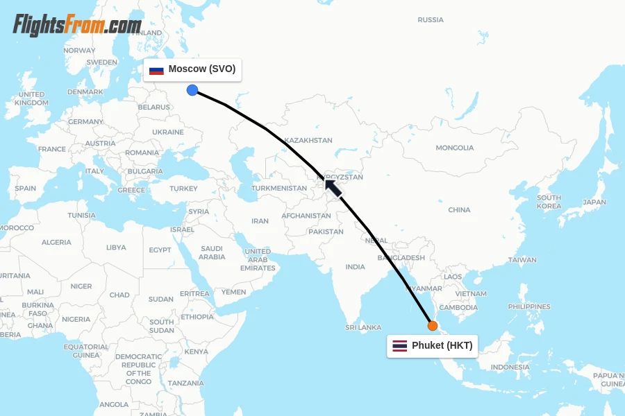 Flights from Phuket to Moscow route map