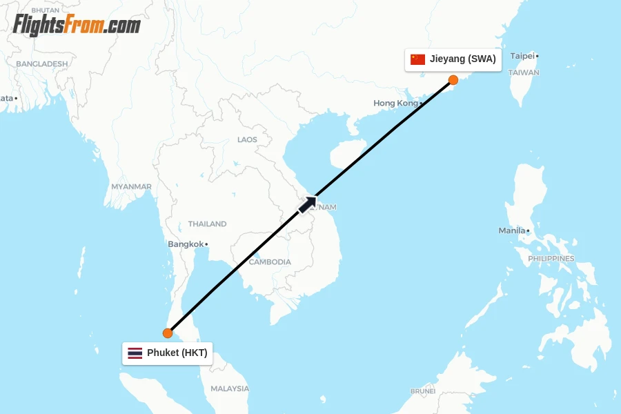 Flights from Phuket to Jieyang route map