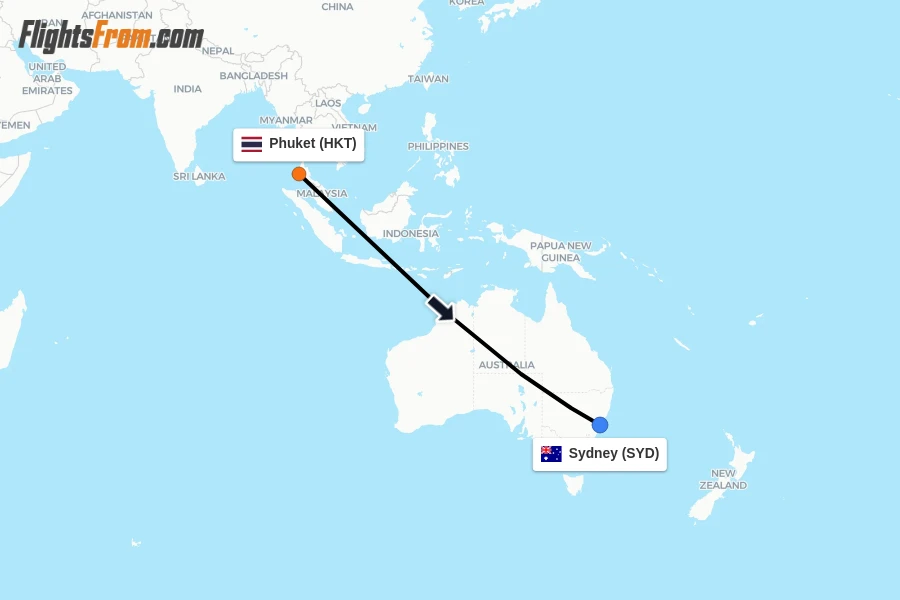 Flights from Phuket to Sydney route map