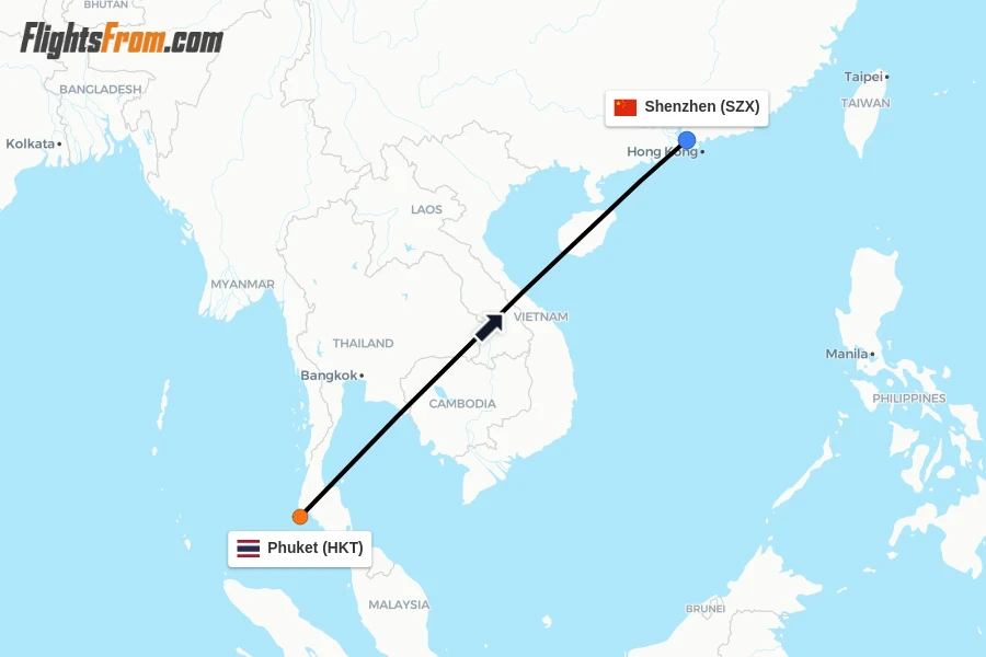Flights from Phuket to Shenzhen route map