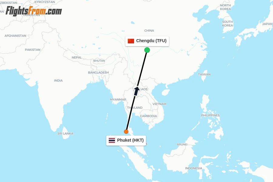 Flights from Phuket to Chengdu route map