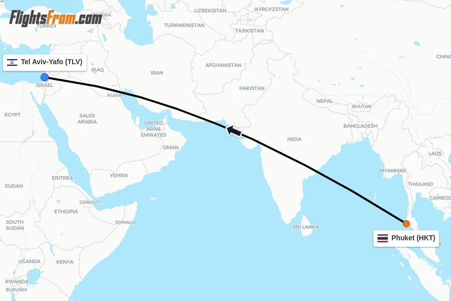 Flights from Phuket to Tel Aviv-Yafo route map