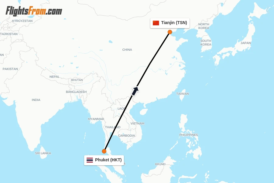 Flights from Phuket to Tianjin route map