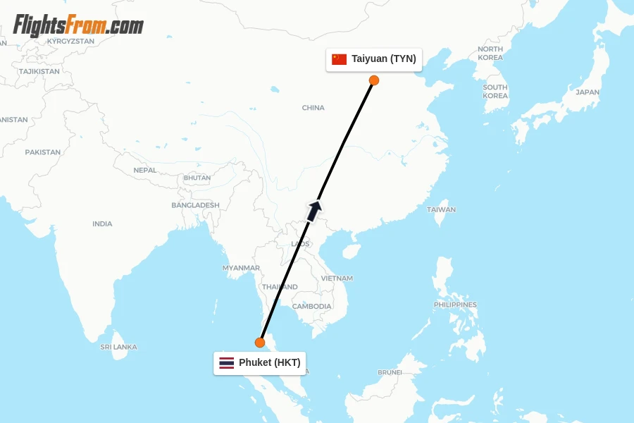 Flights from Phuket to Taiyuan route map
