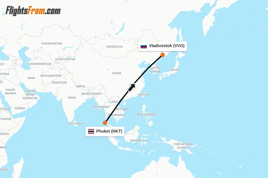 Flights from Phuket to Vladivostok route map