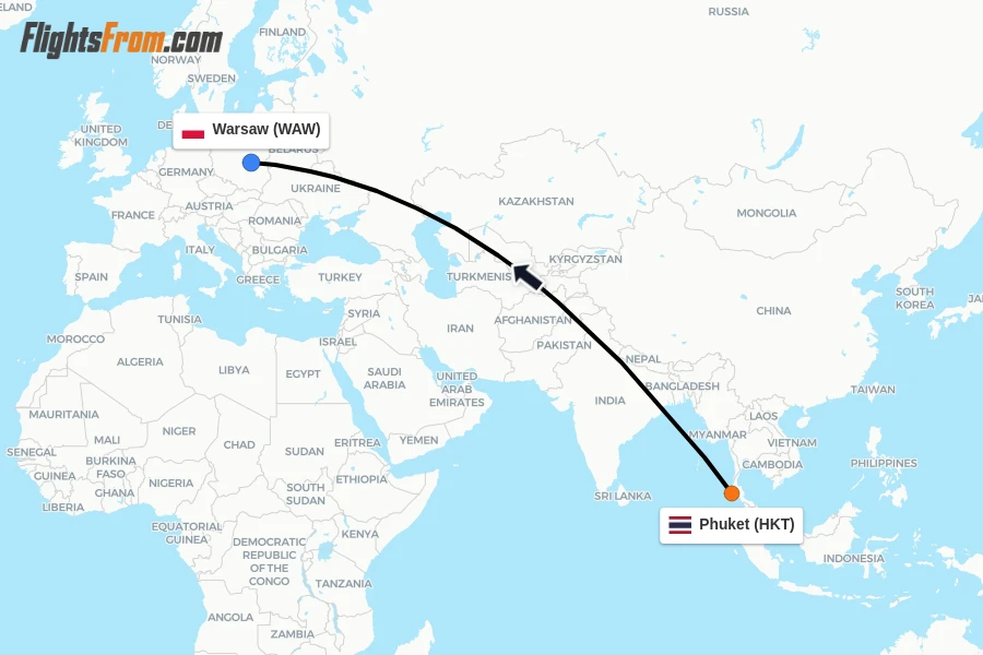 Flights from Phuket to Warsaw route map