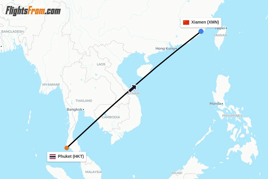 Flights from Phuket to Xiamen route map