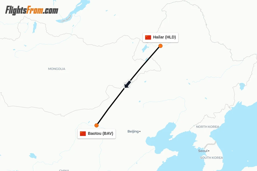 Flights from Hailar to Baotou route map