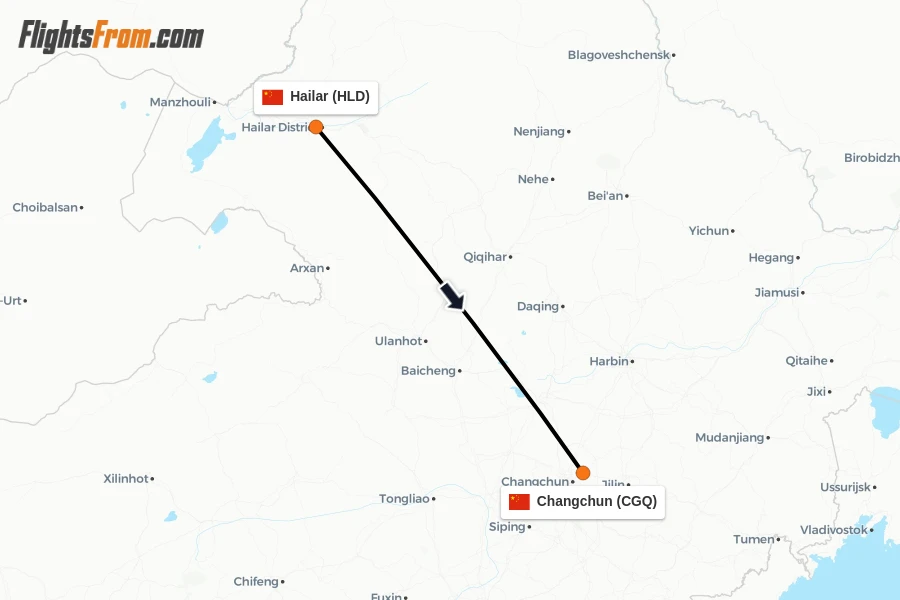 Flights from Hailar to Changchun route map