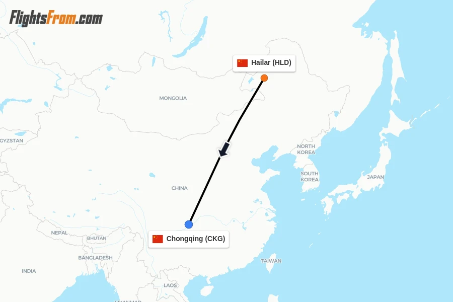 Flights from Hailar to Chongqing route map