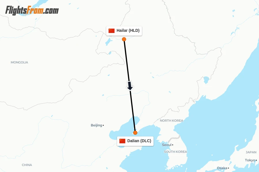Flights from Hailar to Dalian route map