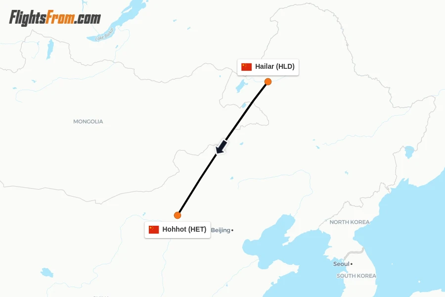 Flights from Hailar to Hohhot route map