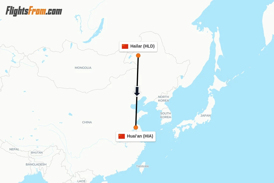 Flights from Hailar to Huai'an route map
