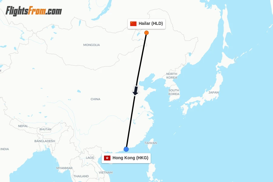 Flights from Hailar to Hong Kong route map