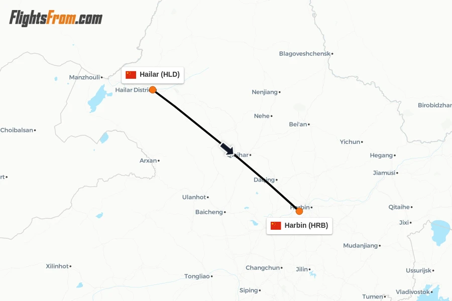 Flights from Hailar to Harbin route map
