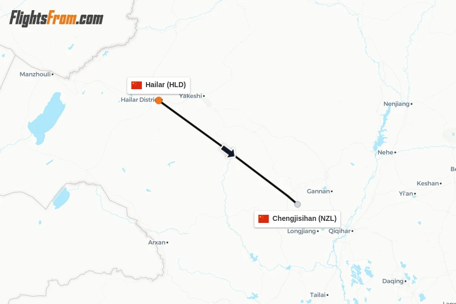 Flights from Hailar to Chengjisihan route map