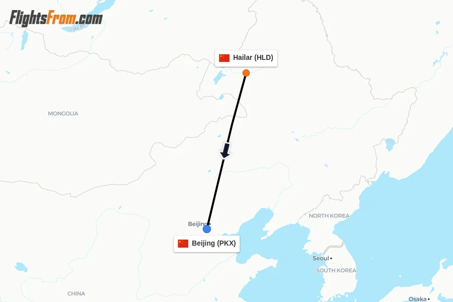 Flights from Hailar to Beijing route map
