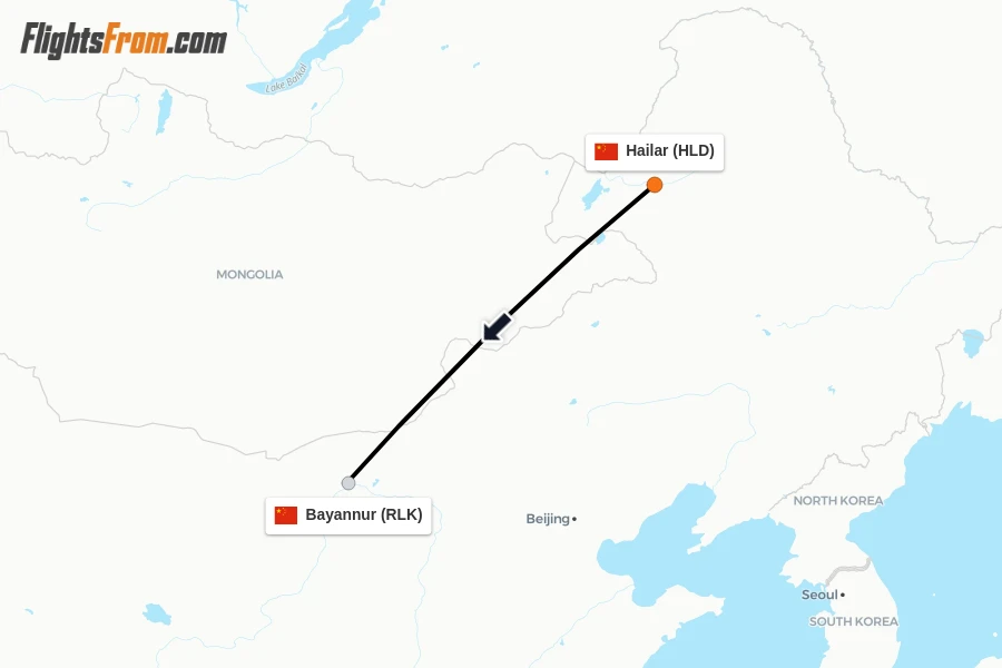 Flights from Hailar to Bayannur route map