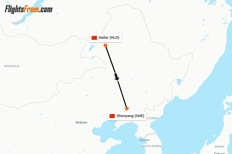 Flights from Hailar to Shenyang route map