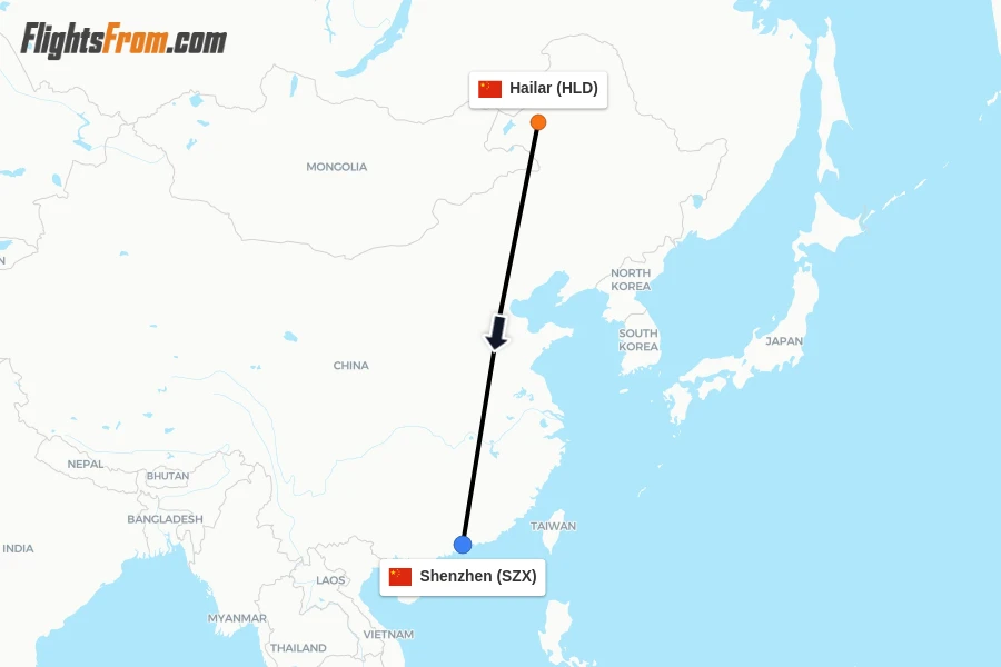 Flights from Hailar to Shenzhen route map