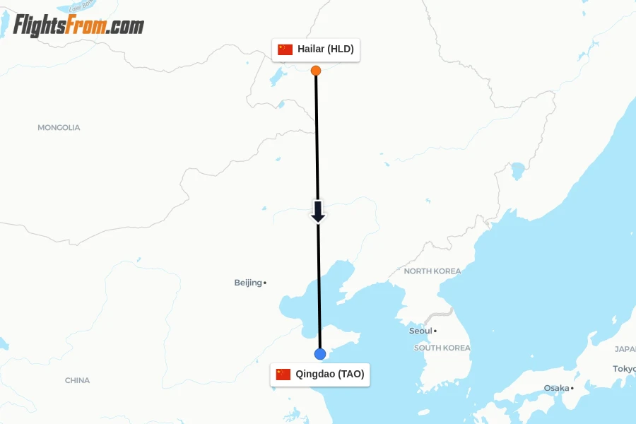 Flights from Hailar to Qingdao route map