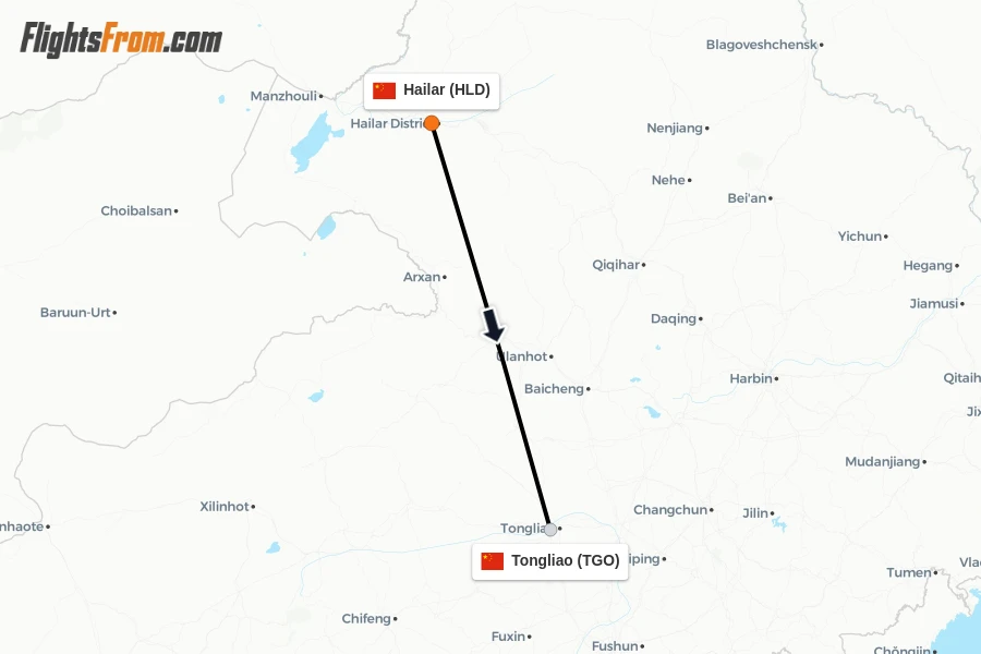 Flights from Hailar to Tongliao route map