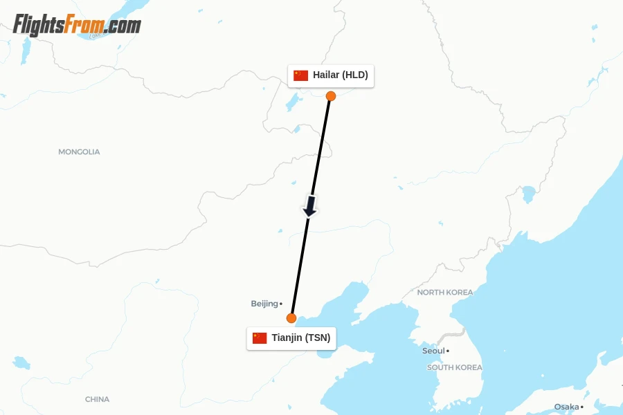 Flights from Hailar to Tianjin route map