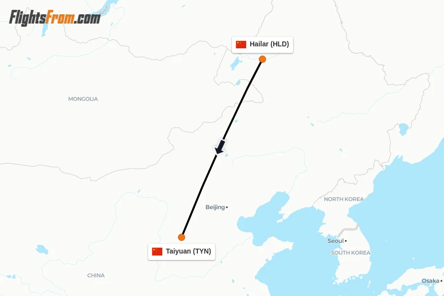 Flights from Hailar to Taiyuan route map