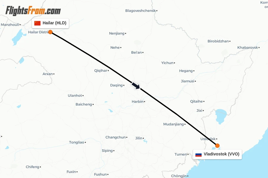 Flights from Hailar to Vladivostok route map