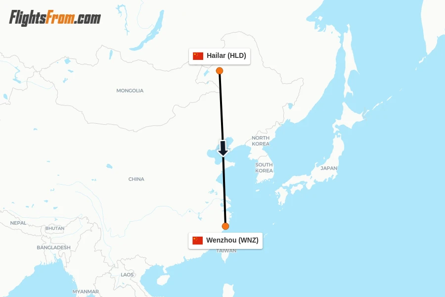 Flights from Hailar to Wenzhou route map