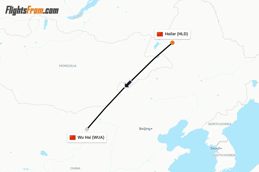 Flights from Hailar to Wu Hai route map