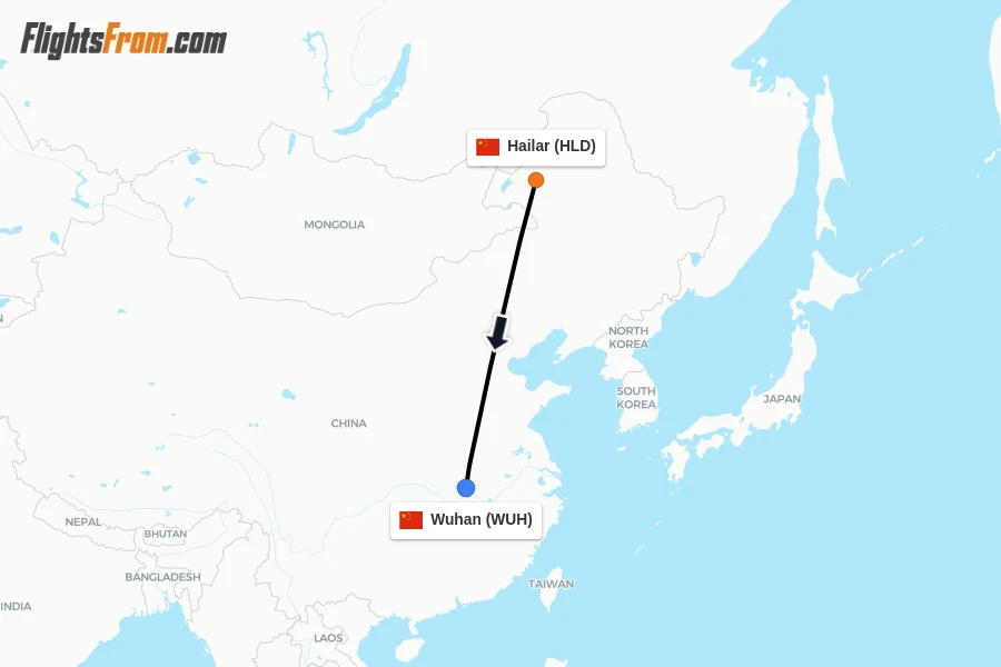 Flights from Hailar to Wuhan route map