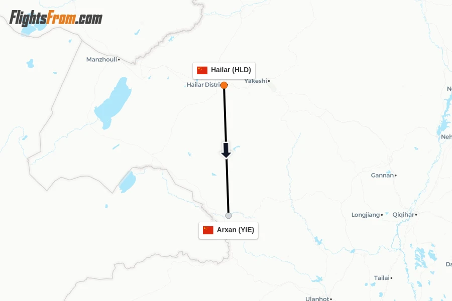 Flights from Hailar to Arxan route map