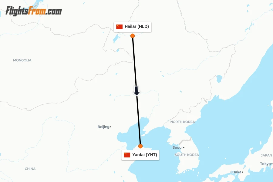Flights from Hailar to Yantai route map