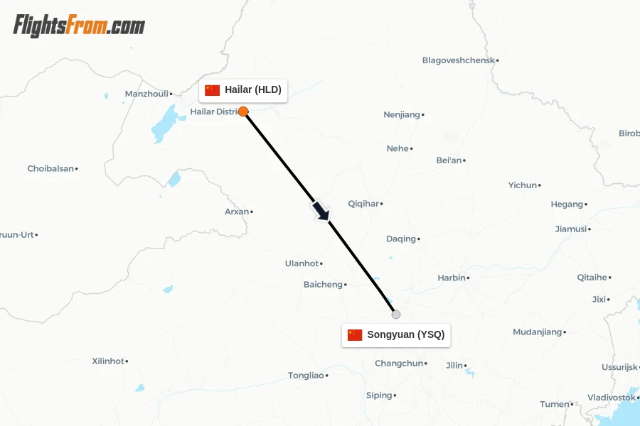 Flights from Hailar to Songyuan route map