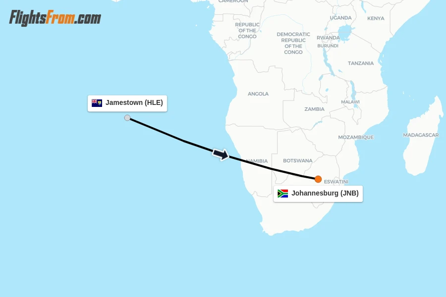 Flights from Jamestown to Johannesburg route map