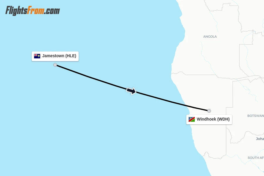 Flights from Jamestown to Windhoek route map