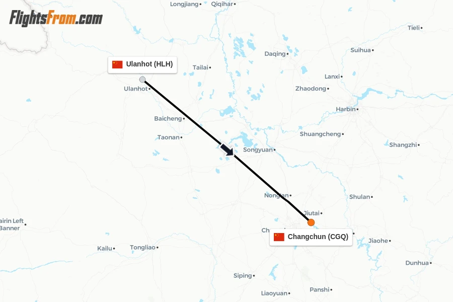 Flights from Ulanhot to Changchun route map