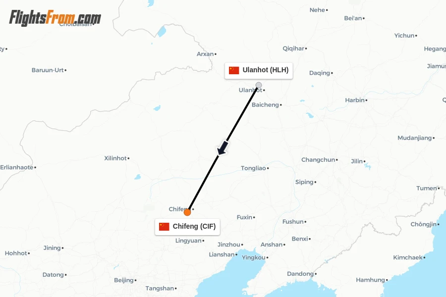 Flights from Ulanhot to Chifeng route map