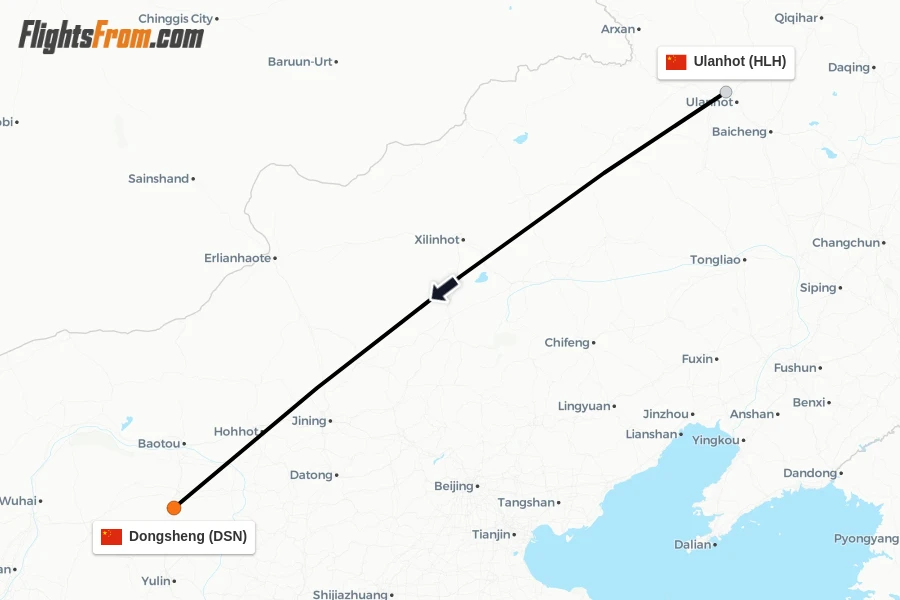 Flights from Ulanhot to Dongsheng route map