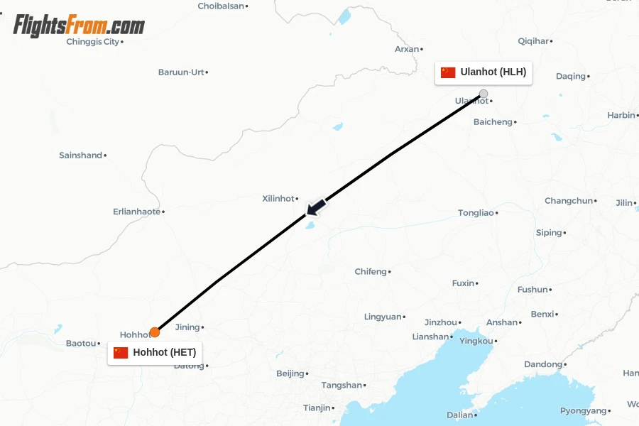 Flights from Ulanhot to Hohhot route map